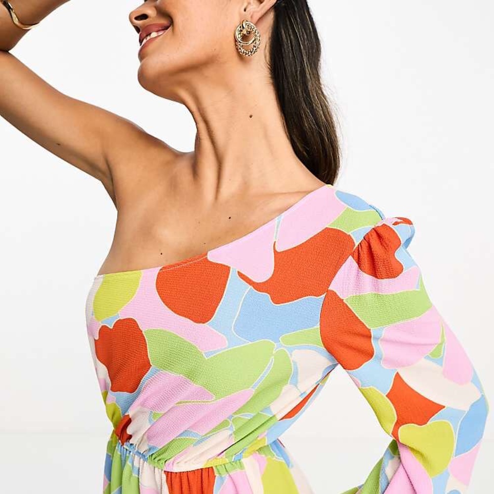 ASOS One Shoulder Midi Dress Cut Out Retro Abstract Print Multicolor Size 6 - Picture 3 of 14